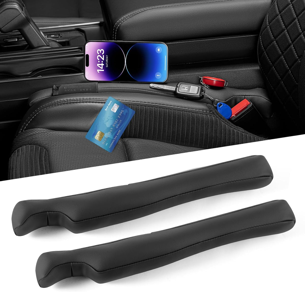 Car Seat Gap Filler, 2 Pack Leather Universal Gap Stopper for Car Truck SUV to Block The Gap Between Seat and Console Organizer Stop Things from Dropping, Black