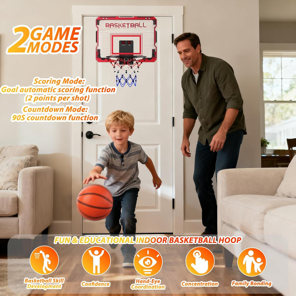 Skiennix Indoor Mini Basketball Hoop - Over The Door with LED Lights & Sound Effects | Includes 3 Balls, Perfect Sports Gift for Kids Ages 6-12