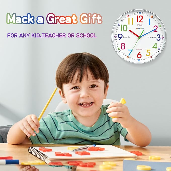 AIRUIFU Wall Clock for Kids Learning Tell Time Easily Non-Ticking Battery