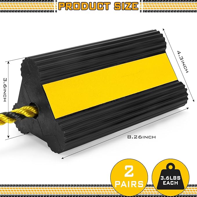 2 Pair Heavy Duty Wheel Chocks for RV Trailer, Rubber Wheel Stoppers, Dual Blocks Front and Back, Non Slip Tire Chock with Nylon Rope Reflective Tape for RVs Travel Trailers Car(Yellow)