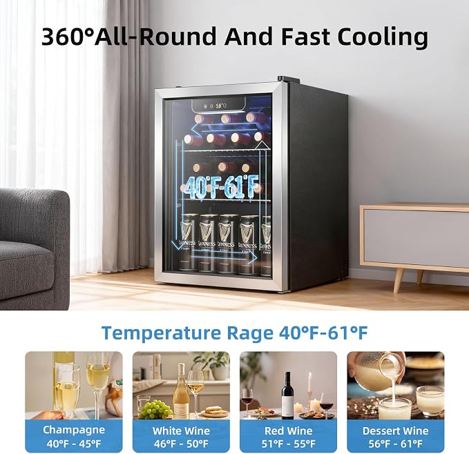 Antarctic Star 1.7 Cu.Ft Beverage Cooler for Up to 68 Cans, Compact Drink Fridge with Stainless Steel Glass Door, Digital Display and Electronic Temperature Control, Silver