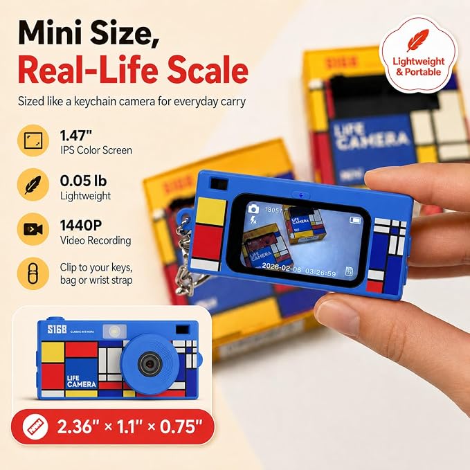 Mini Keychain Digital Camera, 1440P Video, 2MP Photos, 16GB Card, Type C