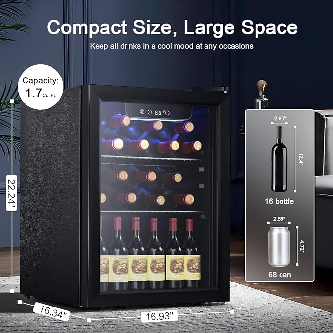 Antarctic Star Wine Cooler, Beverage Refrigerator,16 Bottle 68 Can Freestanding Wine Cellar Front Glass Door for Home and Bar, Digital Temp Control, Blue LED, 1.7 Cu.Ft. | 16 Bottle 68 Can capacity, Freestanding, Front Glass Door for Home and Bar, Digi...