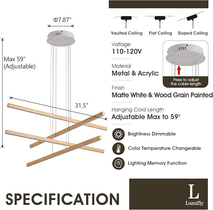 Linear Pendant Light Mdoern LED Chandelier 32" Boho Oak Wood Painted Ceiling