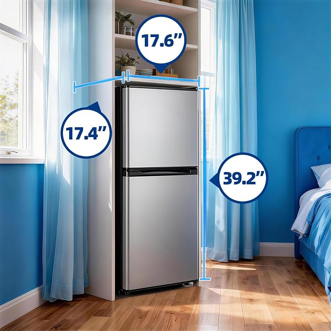 Mini Fridge with Freezer Large Capacity 110L Small Refrigerator with 7 Adjustable Temperature 2 Door Small Fridge for Office, Dorm, Bedroom Silver