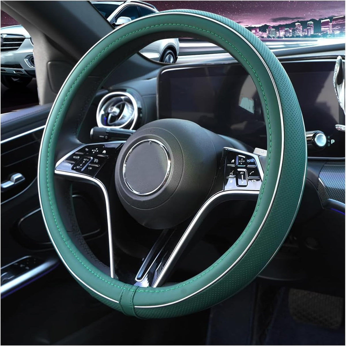 15Inch Leather Steering Wheel Cover, Anti-Slip, Universal Fit,Black