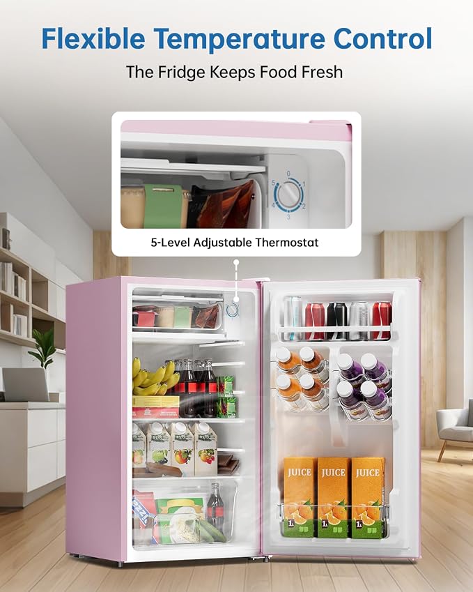 3.2 Cu Ft Mini Fridge with Freezer, Single Door Upright Freezer | Energy Efficient, Large Capacity, Reversible Door, ETL Certified, Small Refrigerator for Bedroom, Office & Dorm, Pink