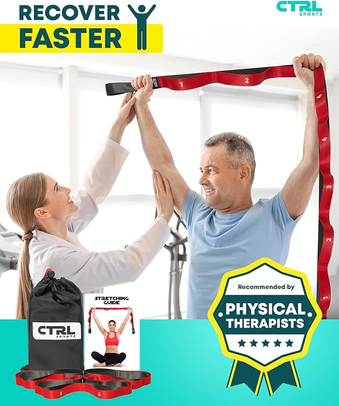 Stretching Strap with Loops - Non Elastic Stretch Band for Physical Therapy, Yoga Strap for Stretching Equipment, Stretch Bands for Exercise and Flexibility - Fascia, Hamstring & Leg Stretcher Belt