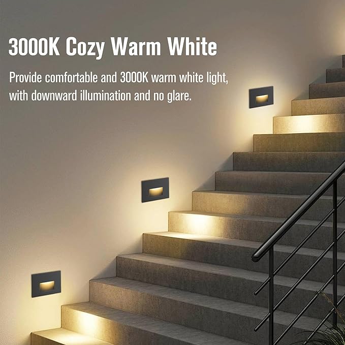 Stair Lights Outdoor Indoor LED Step Lights, 12V Low Voltage Stairway Light 4W 3000K Warm White, IP66 Waterproof Deck Staircase Light, Horizontal, Black, 12-Pack