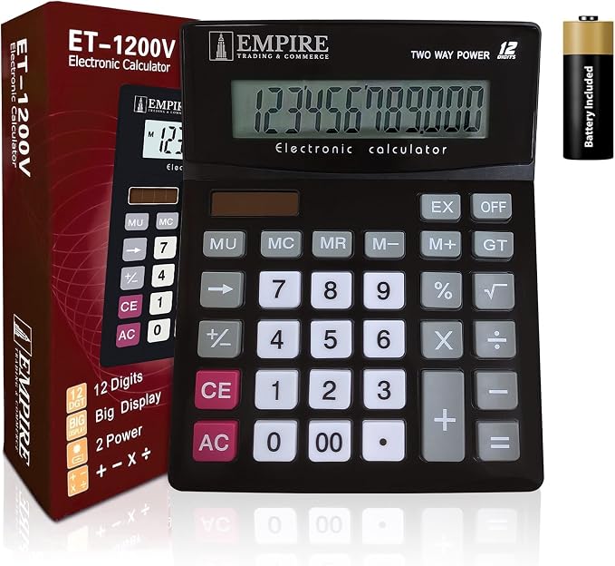 Empire Desk Calculator with Large Key Buttons, 12-Digit Large Eye-Angled Display
