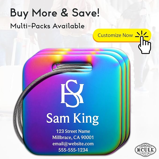 Personalized Luggage Tags for Suitcases - Stainless Steel Custom Luggage Tags for Backpacks & Bags, Sturdy, Waterproof & Heavy Duty (Rainbow/Square)
