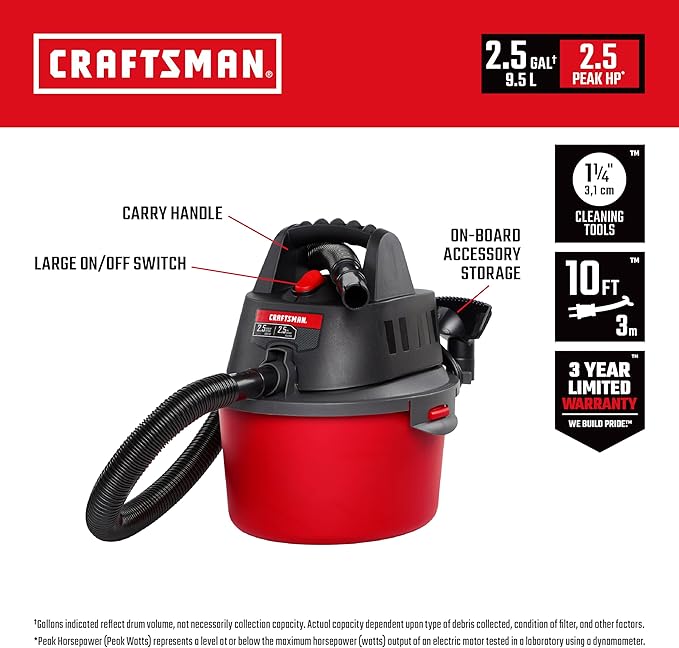 CRAFTSMAN CMXEVBE17250 2.5 Gallon 2.5 Peak HP Wet Dry Vac, Portable Shop Vacuum Wet and Dry with 4 Filter Bags, Hose and Attachments for Cleaning in the Home