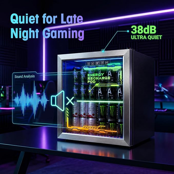 Tehanld Lighted Beverage Refrigerator, 68-Can Gaming Mini Fridge | RGB illuminated glass door, 1.8 cu.ft, 35-65°F digital control, quiet drink cooler for bedroom, game room, home bar