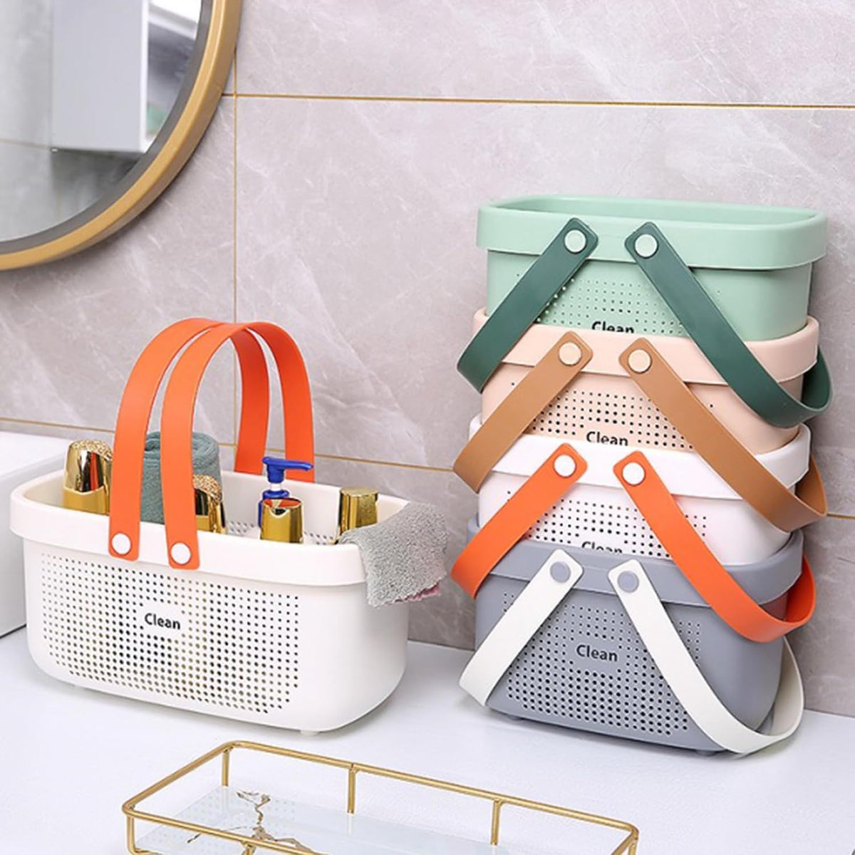 JiatuA Plastic Storage Basket with Handle Portable Shower Caddy Tote Organizer Basket Bin for Bathroom Kitchen Dorm Room Bedroom, Small Grey