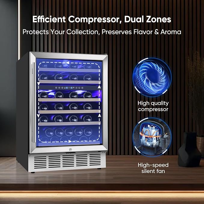 24 Inch Wine Cooler Refrigerator, 52 Bottle Dual Zone Wine Fridge with Stainless Steel Glass Door, Adjustable Shelves, Upgraded Compressor, Built-In Freestanding for Home, Bar, Kitchen