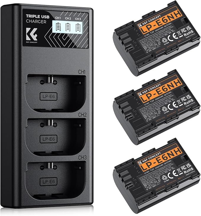 K&F CONCEPT 2600mAh LP-E6NH Battery and 3-Slot Battery Charger Compatible