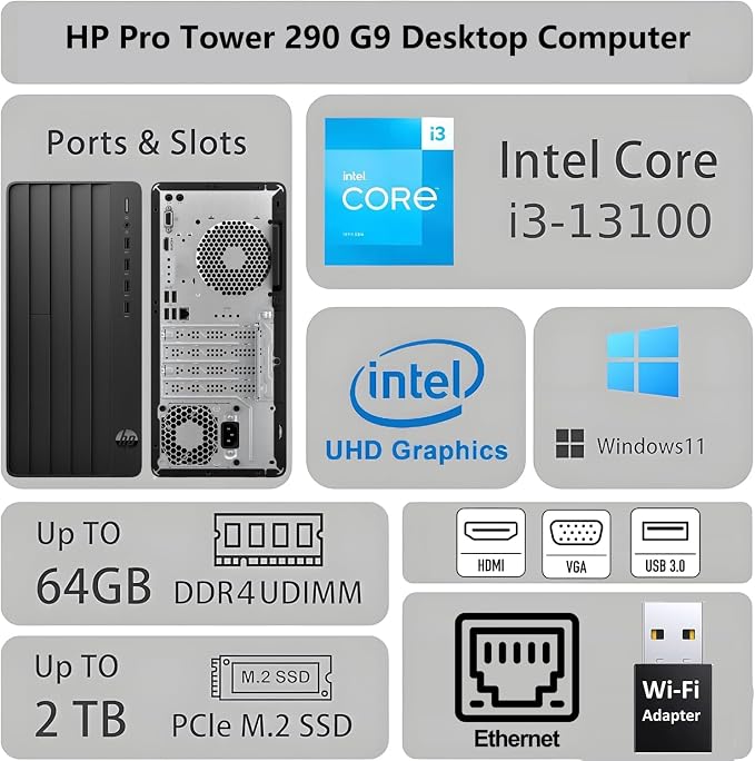 HP Desktop Computer 2026 Tower for Home Student & Business, 13th Gen Intel Quad-Core Processor, 32GB DDR4 RAM, 1TB PCIe SSD, WiFi Adapter, VGA, RJ-45, HDMI, Keyboard and Mouse, Windows 11 Home