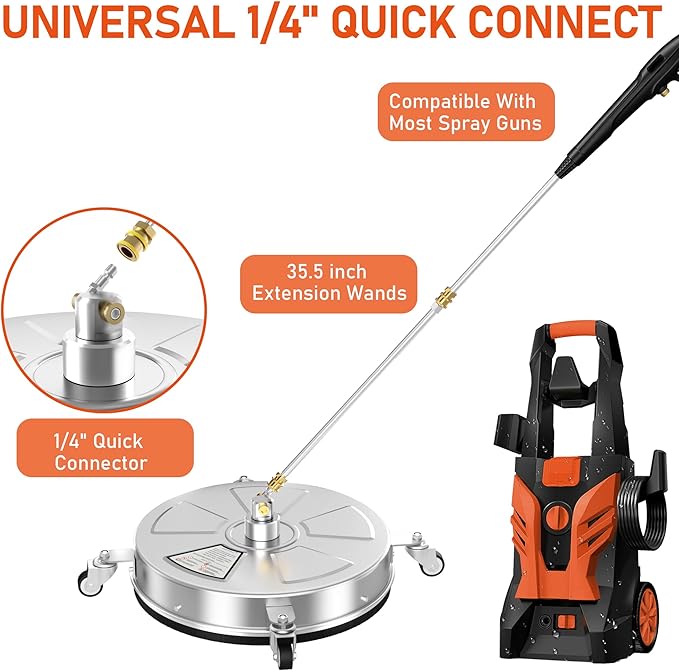 18" Pressure Washer Surface Cleaner with 4 Wheels, 4000 PSI Max Stainless Steel Surface Cleaner for Pressure Washer, 2 Extension Wands, 1/4" Quick Plug, for Concrete, Patio, Sidewalk, Deck