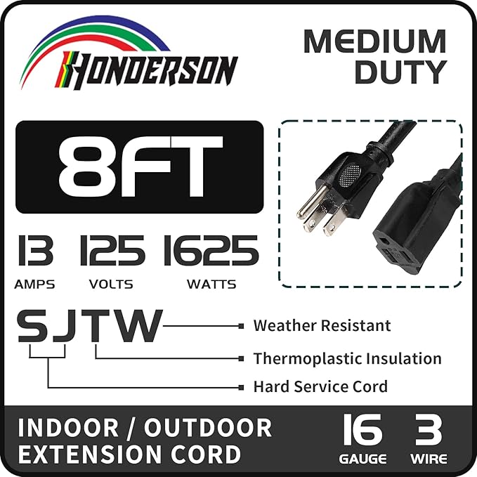 8FT Outdoor Extension Cord-16/3 SJTW Durable Black 3 Prong Grounded Plug Power Cord for Safety,Great for Outside Christmas Decorations