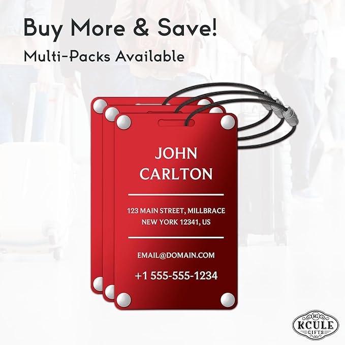Personalized Luggage Tags for Suitcases - Aluminum Custom Luggage Tags for Backpacks & Bags, Sturdy, Waterproof & Heavy Duty (Red/Card-Sized) (SleekBarRed)