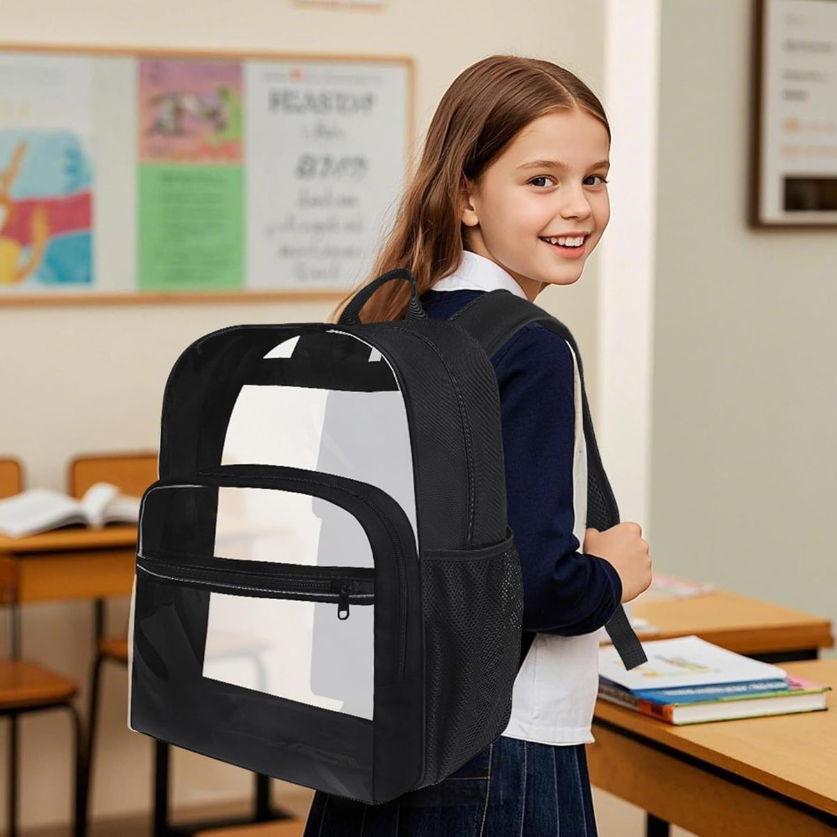 Skiennix Clear Backpack - Heavy Duty Transparent Bookbag for School | 18-Inch Black PVC Design