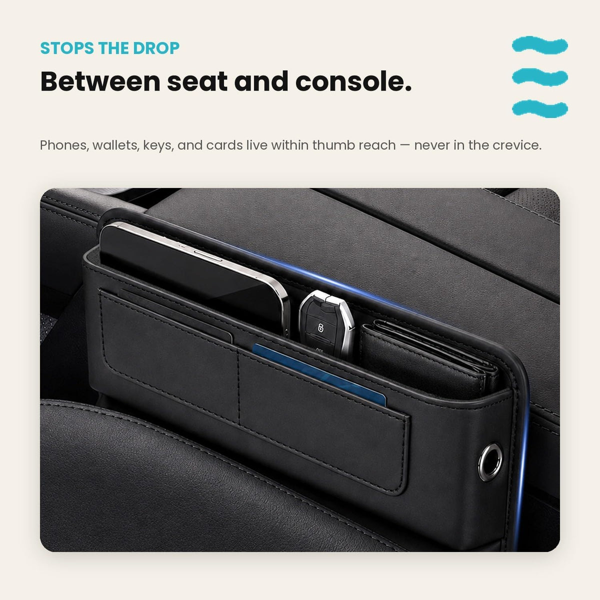 Kitewave Car Seat Gap Filler, Premium PU Leather Front Seat Gap Filler Organizer with Card Slots & Cable Pass-Throughs, Fits Between Seat and Console, Fits Mid-size to Large-size Cars, SUVs, & Trucks