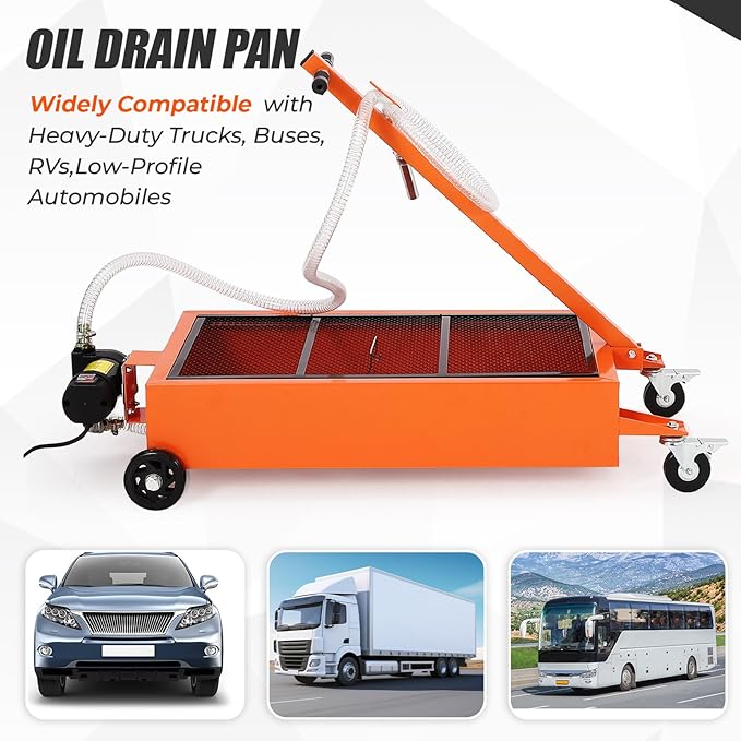 15 Gallon Oil Drain Pan with 110V Electric Pump, Low Profile Oil Drain Pan for Oil Change, Oil Change Pan with 8 Ft Hose and Folding Handle, Rolling Oil Drain Cart for Car, SUV, Trucks, Orange