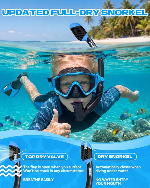 Aegend Snorkeling Gear for Kids - Anti-Fog Diving Mask, Adjustable Fins & Dry Snorkel Kit