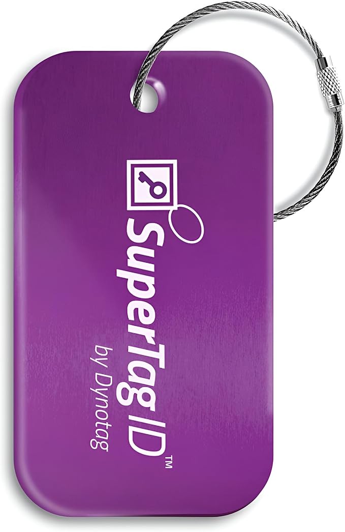 Dynotag® Sentry Series Solid Metal Web Enabled Smart Luggage Tag ID + Steel Loop, Anodized Aluminum with DynoIQ™ & Lifetime Recovery Service (Imperial Purple)