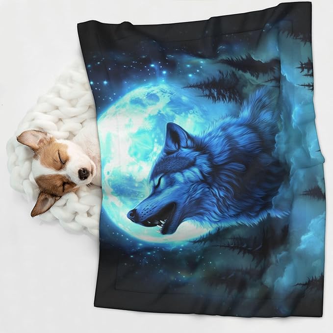 Wolf Blanket for Pet - Animal Throw Blanket 40x30 Moon Night Couch Blankets for Puppy Dogs Cats