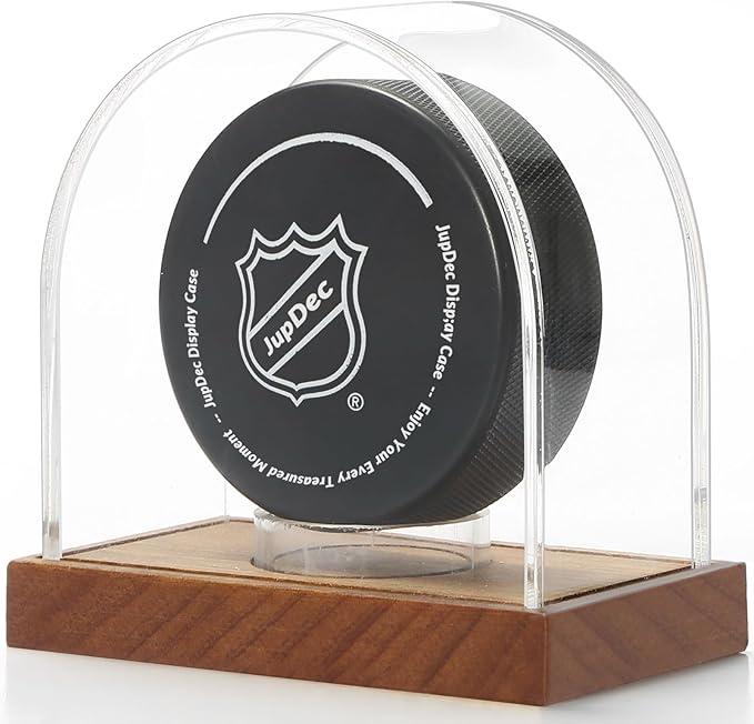 JupDec Hockey Puck and Collectibles Display Case, Premium Acrylic Clear Box Puck Holder with Mahogany Wood Base, Showcase for Autographed Souvenir Memorabilia, Collectible Figure Stand
