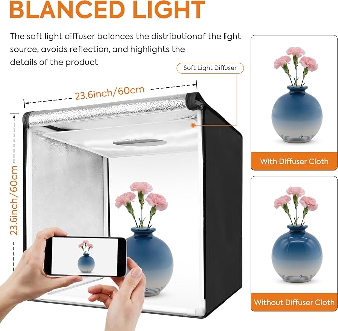 Bi-Color LED Photo Light Box 24x24 inch, Dimmable LEDs Product Photography