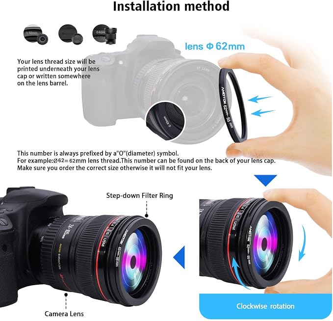62mm Lens to 55mm Camera Lens Adapter, 62mm-55mm Filter Step-Down Ring