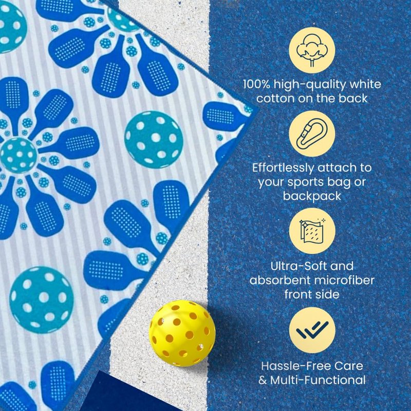 Pickleball Towel, Gifts for Women, Pickleball Accessories, Flower Microfiber & Cotton Athletic Sweat Towel with Carabiner Clip, Blue Pickle Ball Theme Gifts, Pickleball Gear(Blue Flower)