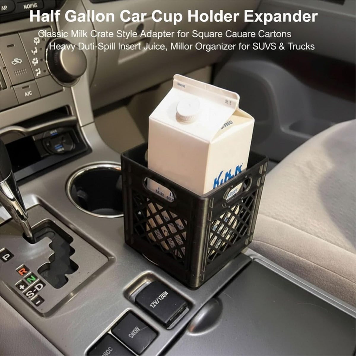 Half Gallon Car Cup Holder Expander - Classic Milk Crate Style Adapter for Square Cartons, Secure Anti-Spill Insert for Juice, Milk & Iced Coffee, Heavy Duty Interior Organizer for SUVs & Trucks