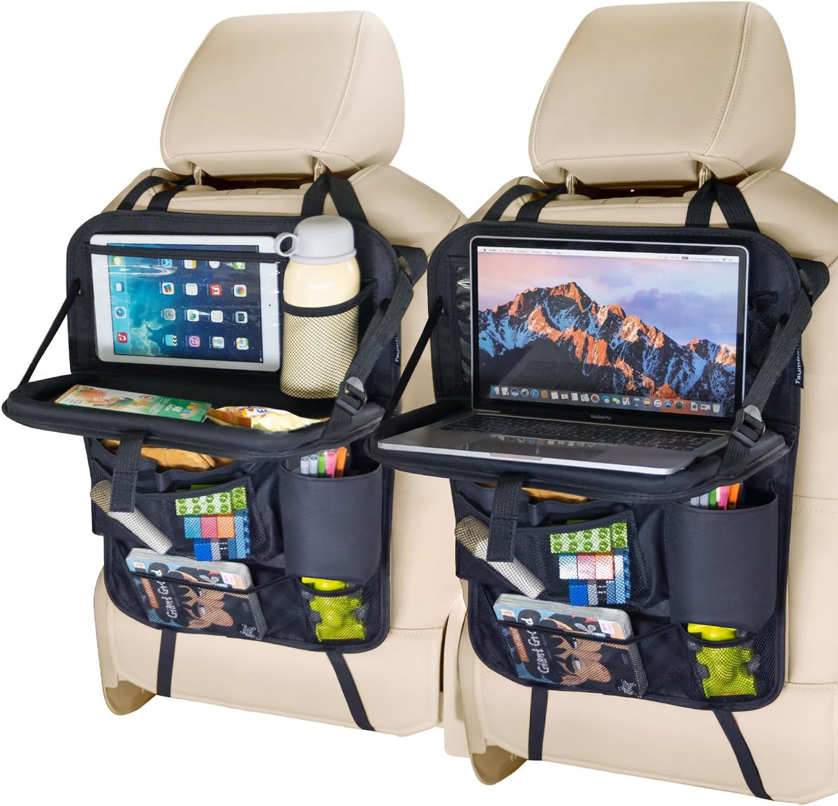 Tsumbay Car Backseat Organizer with Tablet Holder,9 Storage Pockets Foldable Table Tray Seat Back Protectors Kick Mats -PU Leather 1Pck