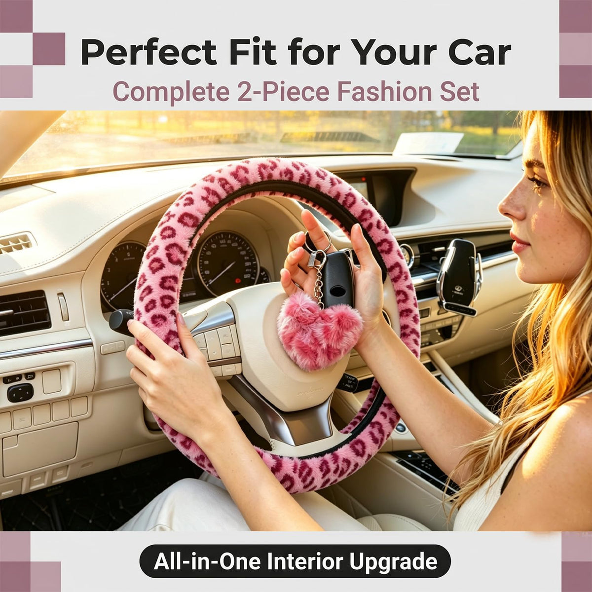 Pink Leopard Steering Wheel Cover with Fluffy Keychain Fit 14"-15"