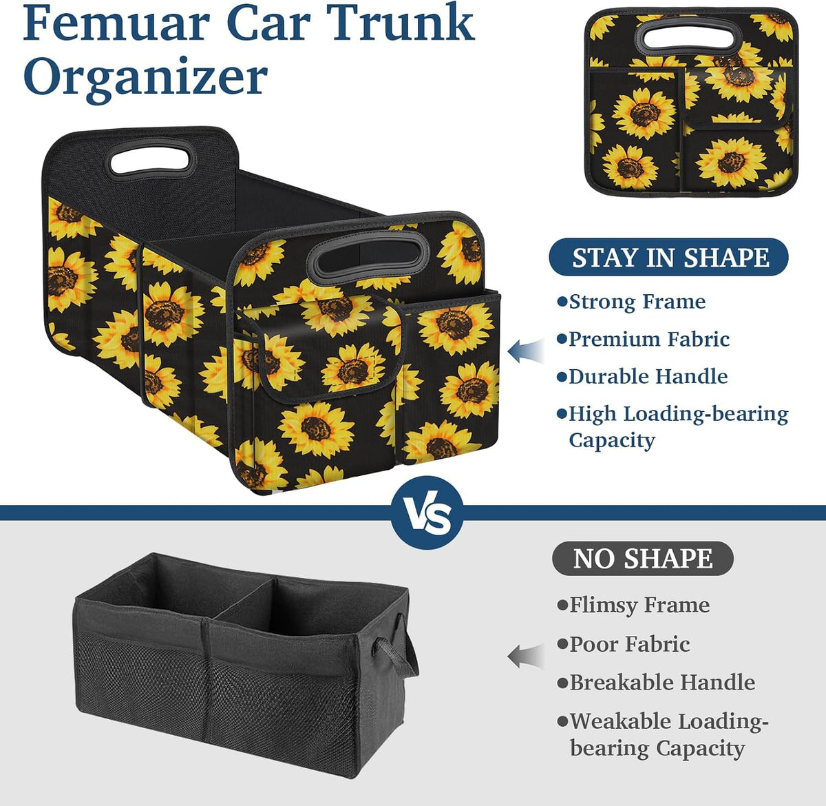 Femuar Car Trunk Organizer, Car Storage Organizer with Large Capacity Waterproof Collapsible Trunk Organizer for Car Suv/Jeep/Sedan (Sunflower, Standard)
