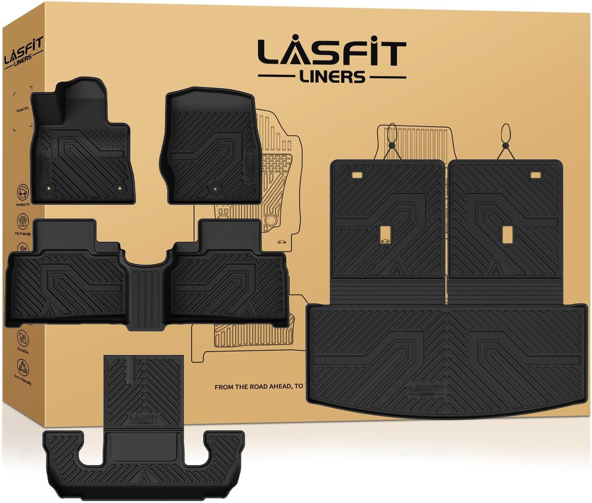 LASFIT Floor Mats & Cargo Liner with Backrest Mat for Ford Explorer 2022-2025 2026 6 Passenger, Custom Fit All Weather Protector TPE Easy Clean Floor Liners, Car Mats for Explorer Accessories, Black