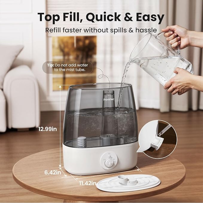 6.5L Stay Clean Tank Humidifier for Large Room, Low Maintenance, Top Fill Design, Ultra Quiet 65H Runtime, Cool Mist Ultrasonic for Bedroom, Home, Plants HC12