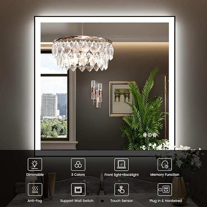 WTTY 36"X36" LED Bathroom Mirror with Black Frame, Bathroom Vanity Mirror with Lights for Wall, Front Light and Backlit, Anti-Fog, Dimmable, 3 Colors, Shatterproof, Memory, Horizontal/Vertical