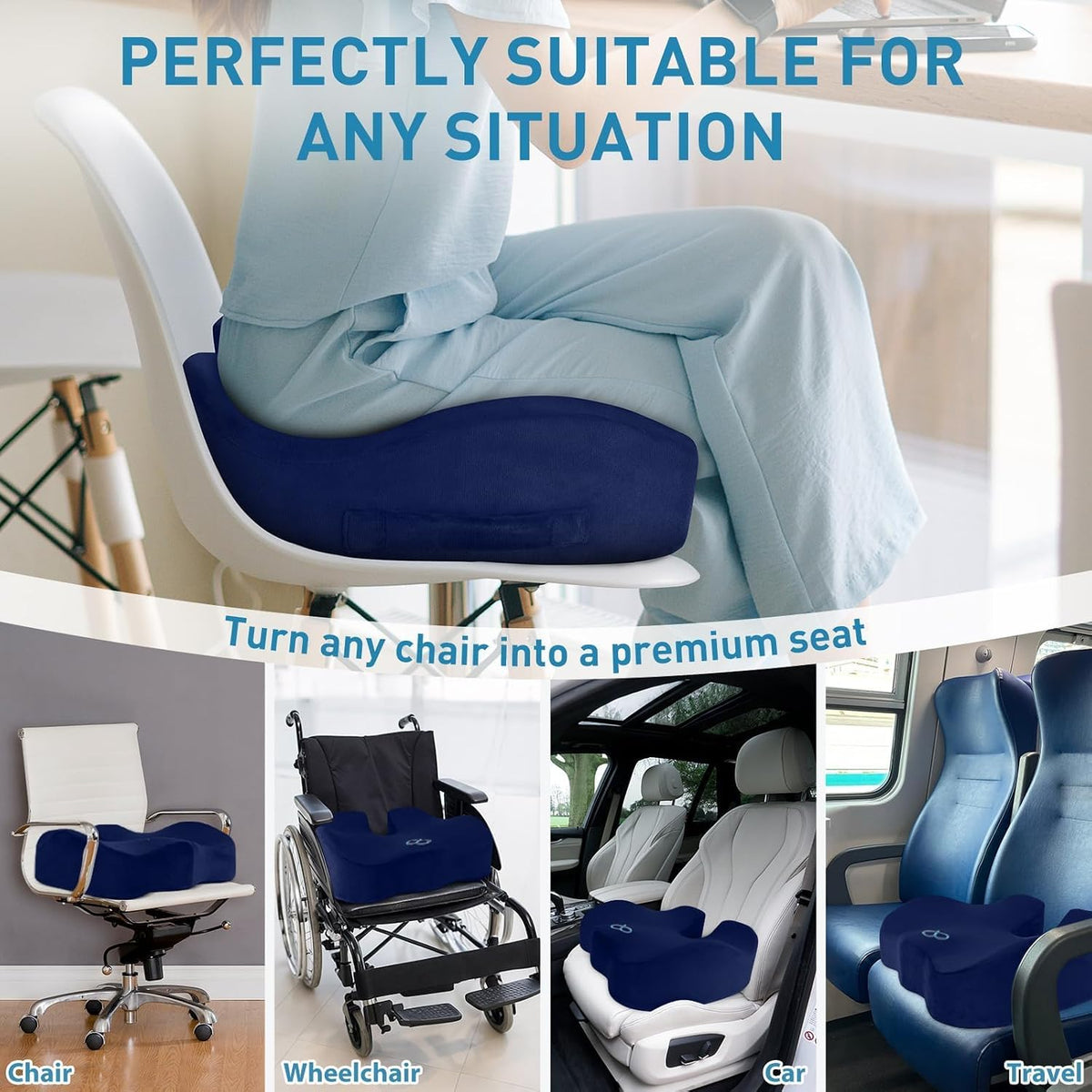BlissTrends Memory Foam Seat Cushion for Office Chair & Car Seat, Blue