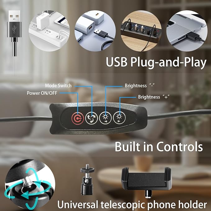 10" Desk Ring Light with Stable Tripod & Phone Holder, 120 LEDs 5-Color