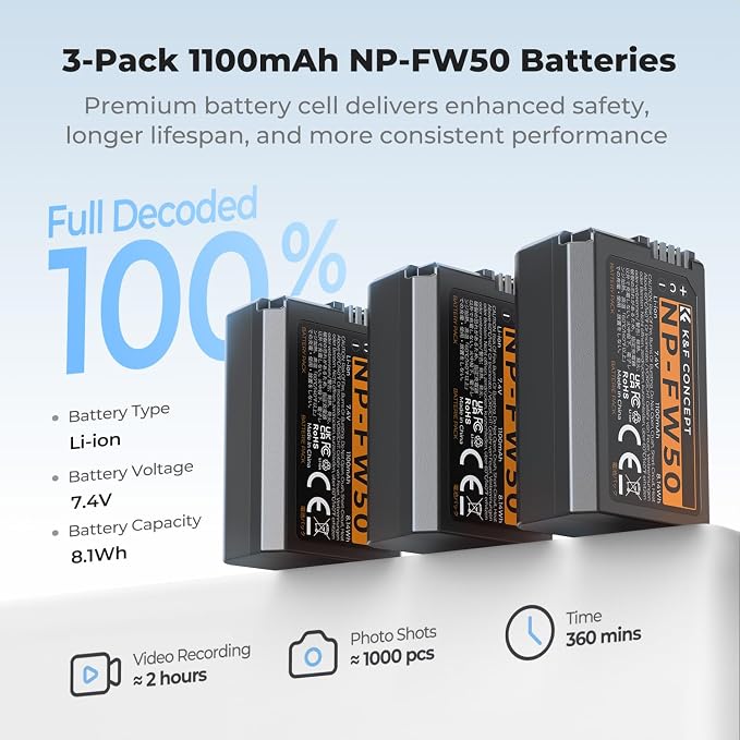K&F CONCEPT 3-Pack NP-FW50 Battery and Upgraded 3-Slot ZV-E10 Battery Charger