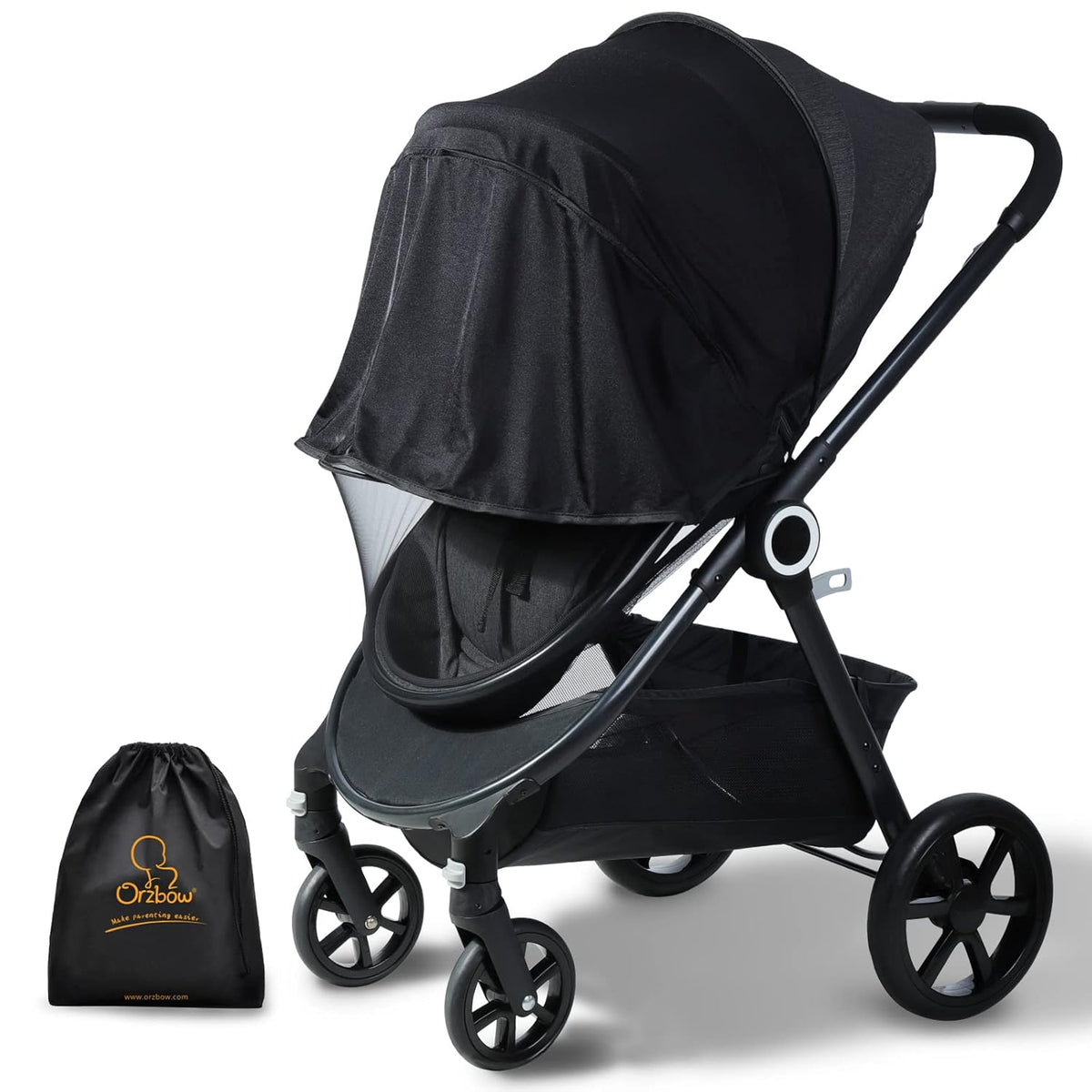 Orzbow Baby Mosquito Net for Stroller with Sun Shade, Breathable, Black | Tear-Resistant Mesh, Insect Barrier w/Travel Bag for Stroller, Car Seat, Bassinet, Cradle, Mini Cribs, Baby Summer Essential