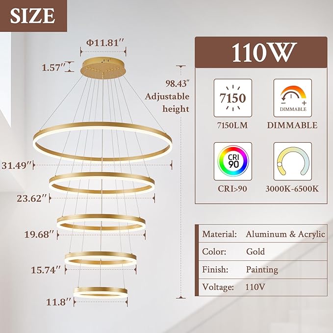 5-Rings D31.5in Modern LED Chandelier Gold Dimmable High Ceiling Chandeliers