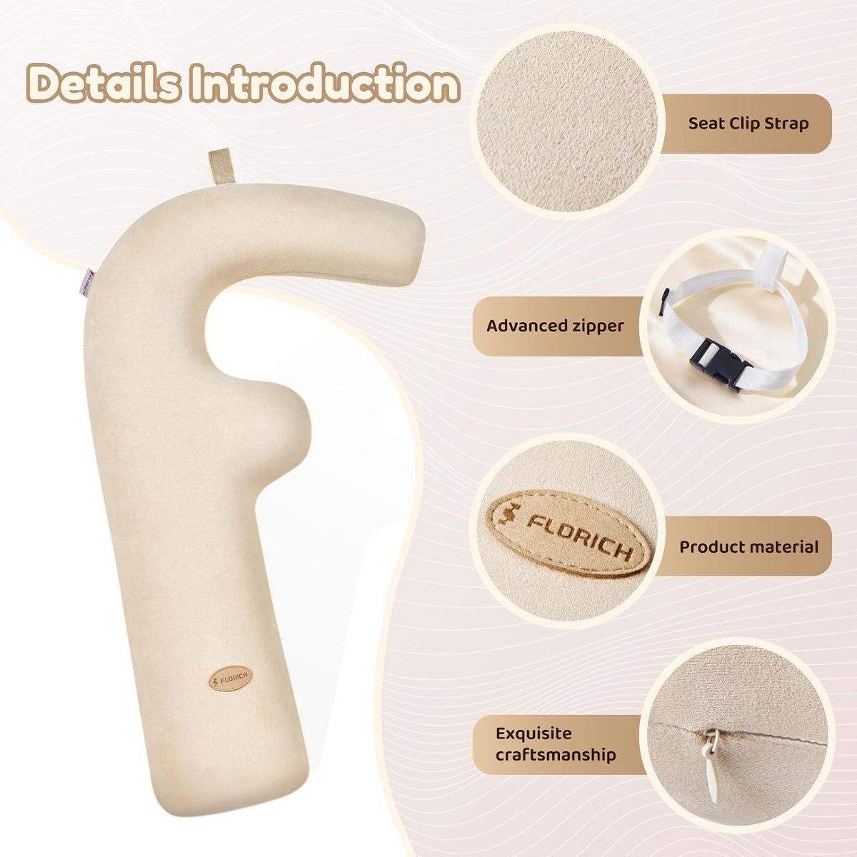 FLORICH Memory Foam Kids Travel Pillow, Car Sleeping Pillow, F-Shape Car Pillows for Adults and Children, Traveling Car Pillow for Kids with Removable Pillowcase (Beige)