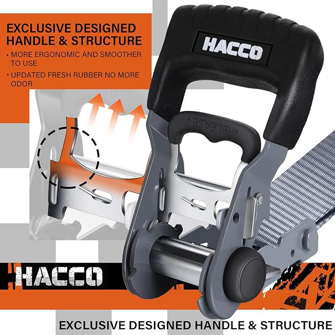 HACCOPLANET Ratchet Straps, 5280lb Break Strengeth, 16FT x 1.6" Heavy Duty Ratchet Tie Down Strap Set w/Padded Handle, S Hook, Soft Loop for UTV Motorcycle Truck Cargo Straps (Grey, 16FT)