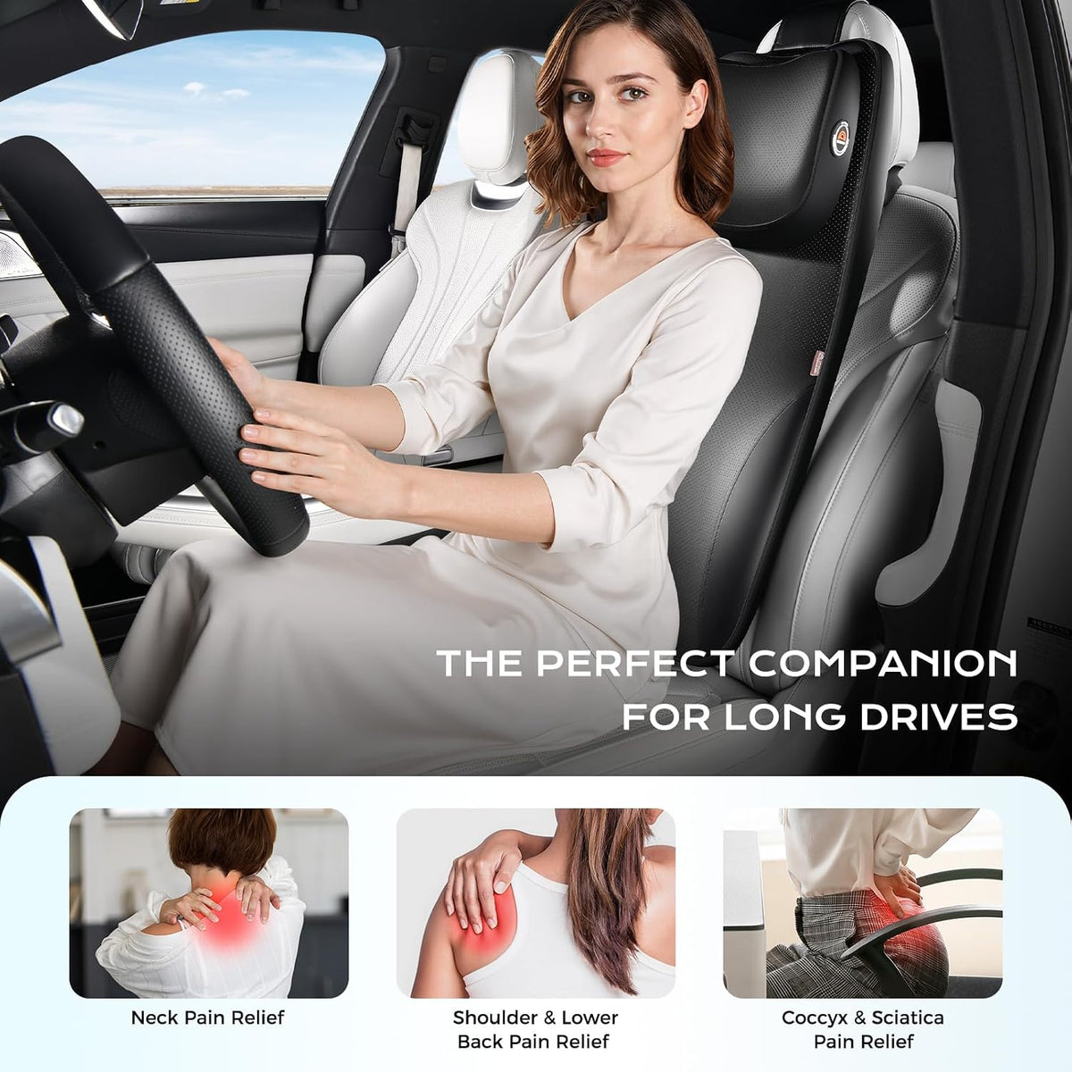 Coverado 2-in-1 Lumbar Support with Car Headrest Pillow, Adjustable-Height Velcro Design Car Neck Support Pillow for Driving Seat, Ergonomic Memory Foam Car Back Support Pillow for Pain Relief, Black