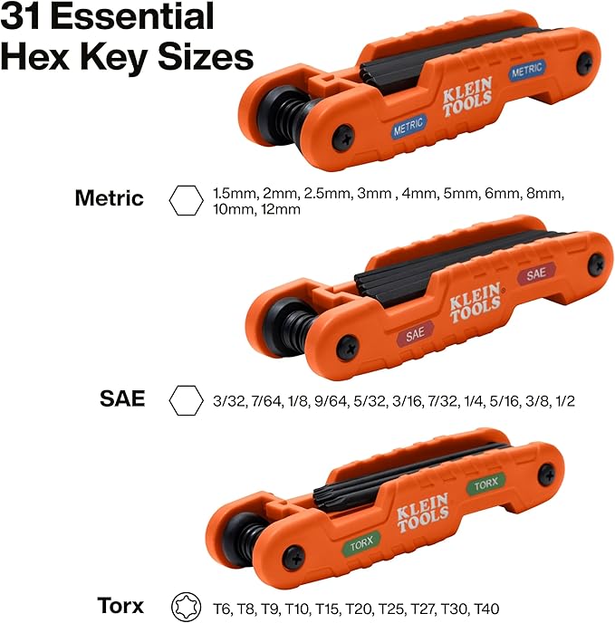 Klein Tools 70553 3-Piece Pro Folding Hex Key Set, Metric, SAE, Torx Sizes, 31 Keys, Industrial Strength Heat Treated Alloy Steel